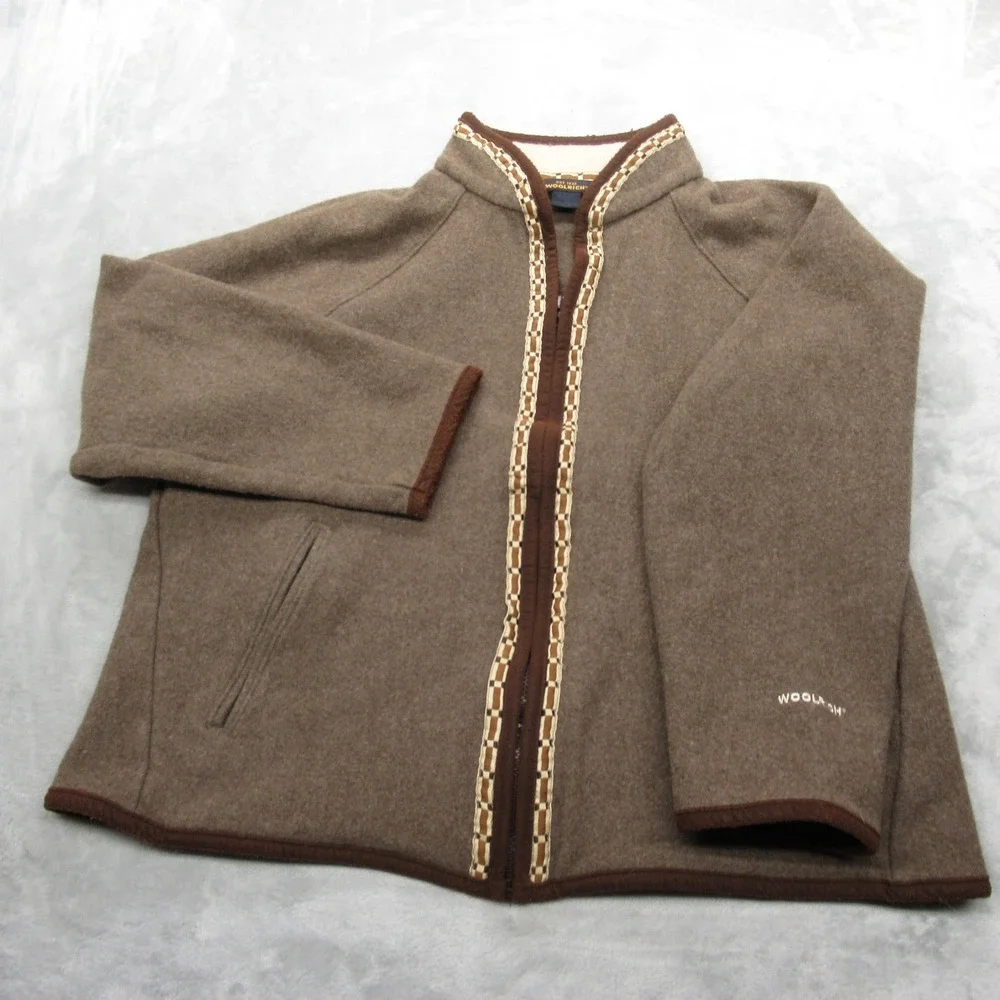 Woolrich Wool Jacket Women XL Brown Aztec Southwestern Trim FullZip READ VTG - Picture 2 of 13